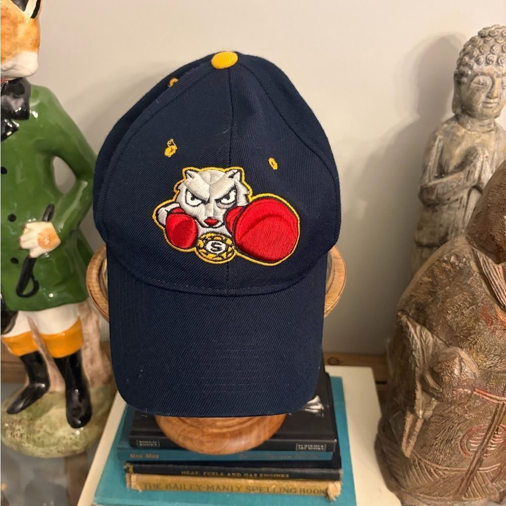 Zephyr embroidered fighting squirrels Blue size 7 fitted wool blend hat.